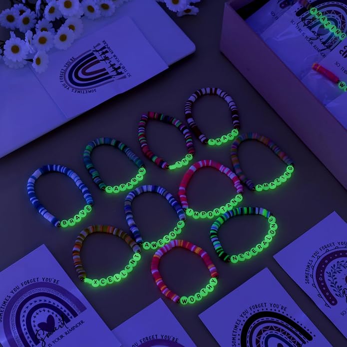 Landical Inspirational Best Friendship Bracelets for Teacher Rainbow Luminous Beaded with Motivational Quotes Card Friendship Encouragement Gift for Mom Women Sister Daughter Coworker