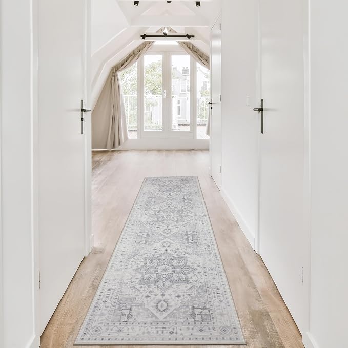 Srugn Kitchen Rug - Non Slip Hallway Runner - 2x8 Soft Faux Wool Washable Grey Vintage Throw Rug for Entryway and Bedroom