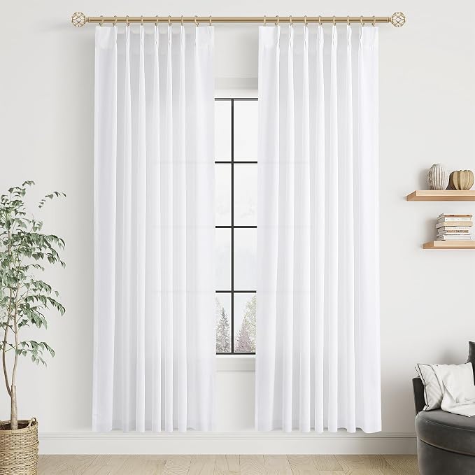 Aersas White Pinch Pleated Linen Curtains 78 Inch Long for Bedroom Pinch Pleat with Hooks Back Tab Light Filtering Boho Farmhouse Semi Sheer 78 Inch Curtain for Living Dining Room Cabin Closet