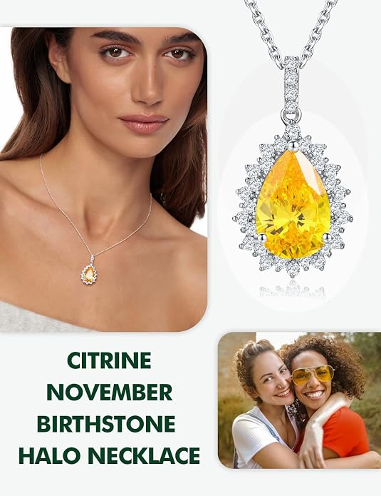925 Sterling Silver Teardrop Necklace for Women Huge Created Gemstone Solitaire Halo Pendant Pear Cut Birthstone Necklace