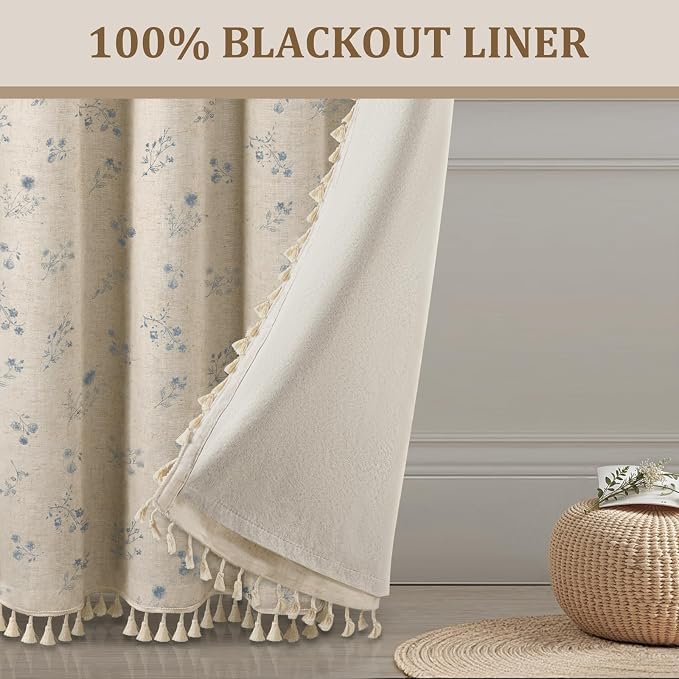 Boho Floral Spring 100% Blackout Curtains 84 Inch Length 2 Panels Set, Linen Texture Farmhouse Curtains with Beige Tassel for Living Room Bedroom, Vintage Rustic Rod Pocket,Light Blue