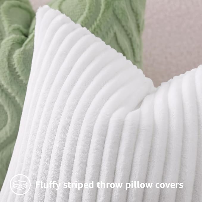 decorUhome Flannel White Throw Pillow Covers 18X18 Set of 4 | Decorative Fall Soft Fluffy Striped Double-Sided Couch Pillow Covers, Modern Farmhouse Pillow Cases for Sofa bed Home Decor