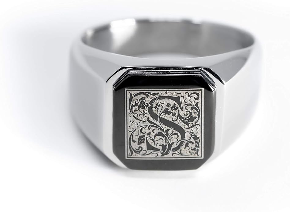 Jewelry | Stainless Steel Letter Alphabet Initial Ring | Square Flat Top Ring for Men & Women | Stainless Steel Jewelry, (Black, Gold, Silver), Size 7-16