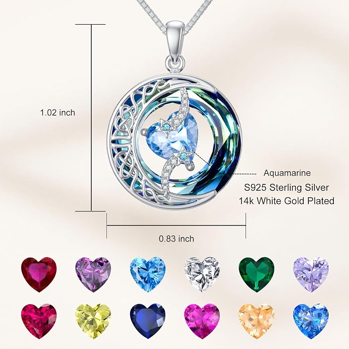 TOUPOP Birthstone Necklace 925 Sterling Silver Moon and Star Pendant Celtic Moon Jewelry with Blue Crystal Anniversary Birthday Gifts for Women Mom Wife Her