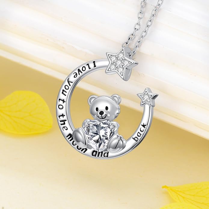 PELOVNY Teddy Bear Necklace for Women 925 Sterling Silver Bear/Highland Cow/Fox/Cat/Axolotl Birthstone Necklace Christmas Birthday Jewelry Gifts for Mom Daughter Wife Sister