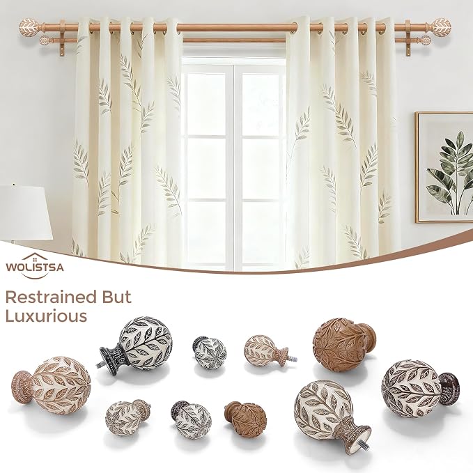 Boho Decorative Double Curtain Rod, 36-122 Inch, White Wood | Handmade Wood Grain Leaf Finials, Heavy Duty Adjustable Long Rustic Metal Dual Layer Rods, 40 lb Capacity, Easy to Install