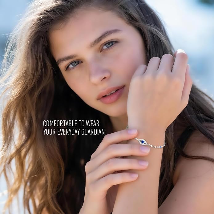 Blue Evil Eyes Link Bracelet, Evil Eye Earrings, S925 Sterling Silver Dainty Cubic Zirconia Adjustable Link Lobster Claw Clasp Chain Jewelry