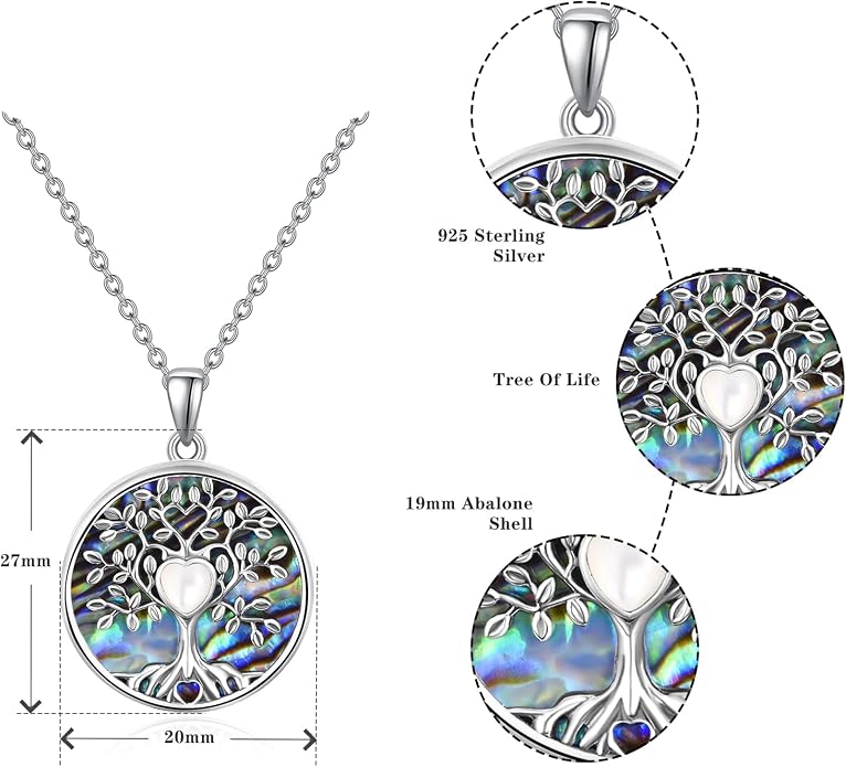 Tree of Life Necklace for Women – Sterling Silver Nature-Inspired Dainty Round Pendant, Green Abalone Shell Inlaid - Spiritual Jewelry Gift