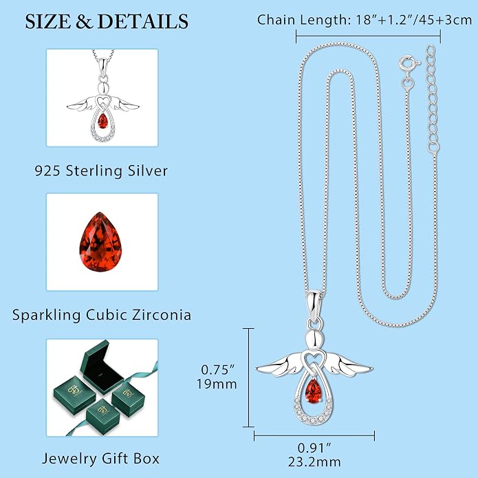 FJ Guardian Angel Necklace 925 Sterling Silver Birthstone Pendant Angel Jewelry Gifts for Women