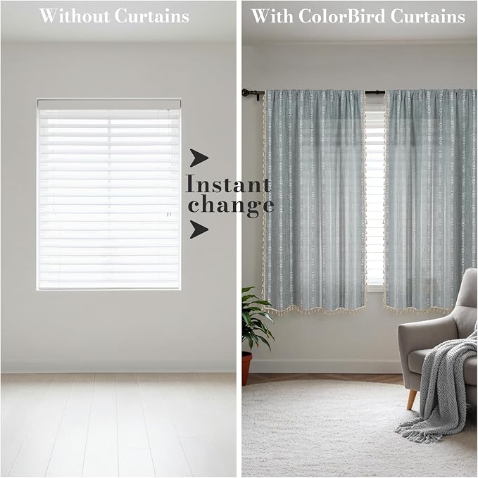 ColorBird Boho Curtains Dusty Blue Linen-Textured for Living Room Bedroom 63 Inch Length Light Filtering Farmhouse Curtains & Drapes Embroidered Striped Window Treatment for Dining Room Kitchen