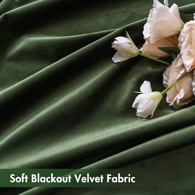 MIULEE Olive Green Blackout Velvet Curtains Drapes 90 Inch Long 52"x90" | Luxurious Bedroom Living Room Decor, Room Darkening, Thermal Insulated, Rod Pocket Design, Super Soft Fabric