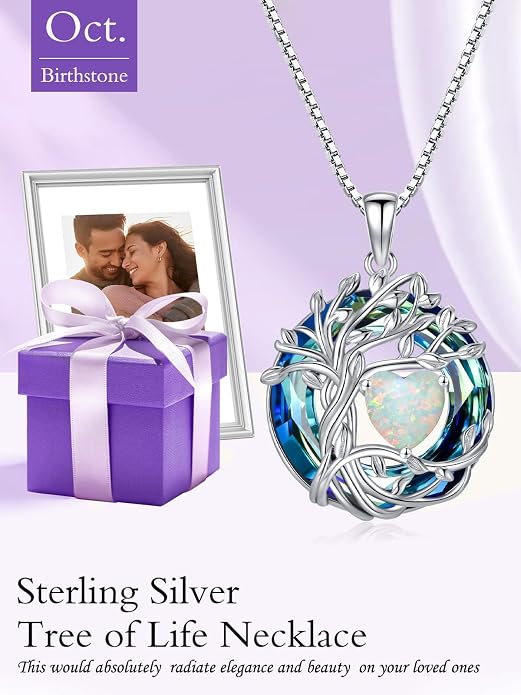TOUPOP Tree of Life Birthstone Necklace Sterling Silver Pendant Birthstone Necklaces with Blue Crystal Anniversary Birthday Jewelry for Women Mom Wife Her