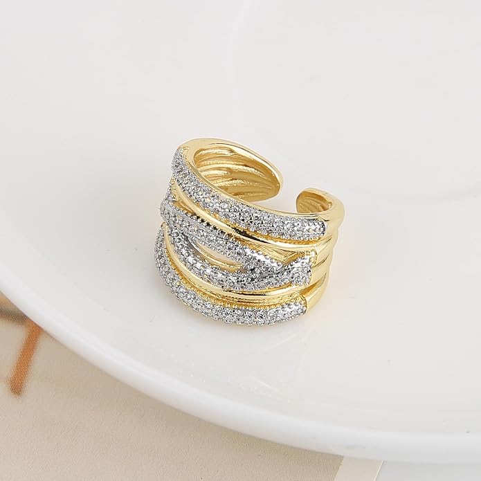 HZMAN 14K Gold Plated Brass Open Ring Collection for Women, Non-Adjustable Crystal Inlay Statement Rings, Wide Band Cocktail Jewelry Assorted Styles