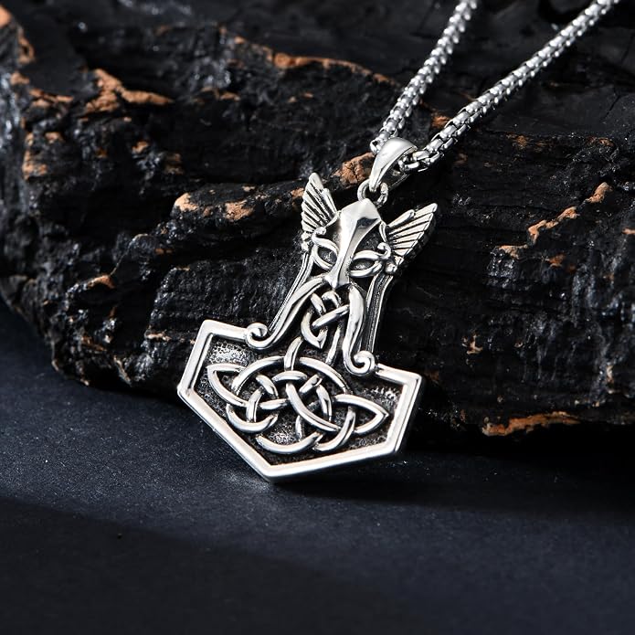 Viking Necklace for Men 925 Sterling Silver Viking Wolf/Thors Hammer/Vegvisir/Tree of Life/Compass Pendant Norse Necklace Amulet Talisman Christmas Gifts for Him Her