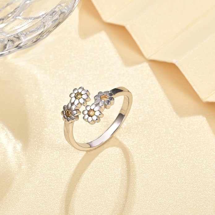 Jinlou 925 Sterling Silver Dainty Daisy Rings Flower Finger Rings For Women Love Promise Band Sunflower Adjustable Thumb Rings For Women