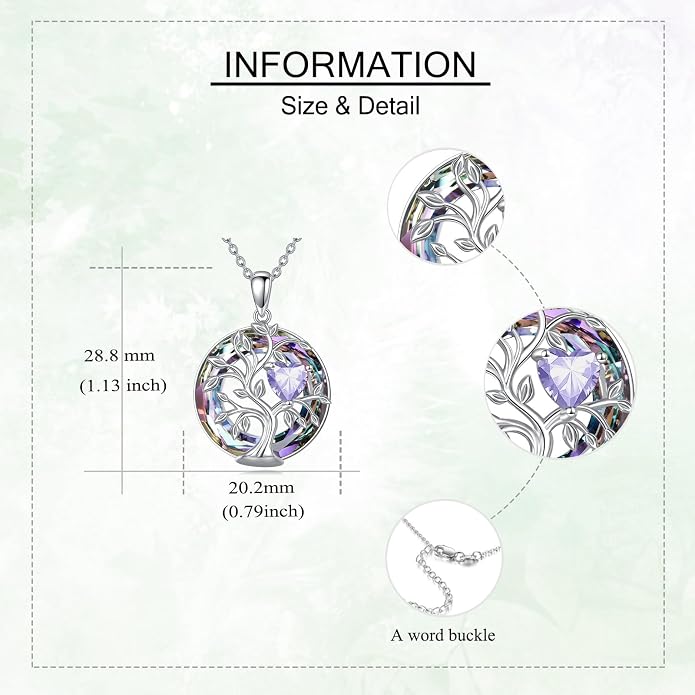 Tree Of Life Birthstone Necklace 925 Sterling Silver Crystal Family Tree Pendant Necklaces Heart Birthstone Jewelry For Women Female Anniversary Birthday Gifts