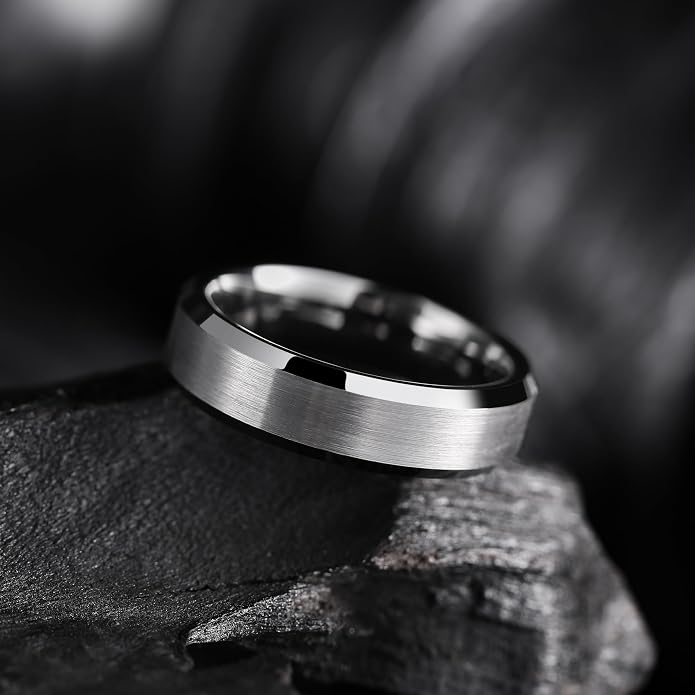 King Will Tungsten Men's Wedding Ring - Available in 6mm to 10mm, Black/Silver, Matte Finish, Beveled Polished Edge, Comfort Fit