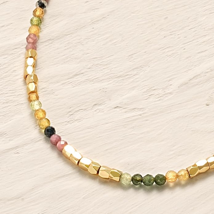 MYEARS Women Beaded Choker Necklace Gemstone 14K Gold Plated Simple Dainty Handmade Chain Everyday Trendy Jewelry