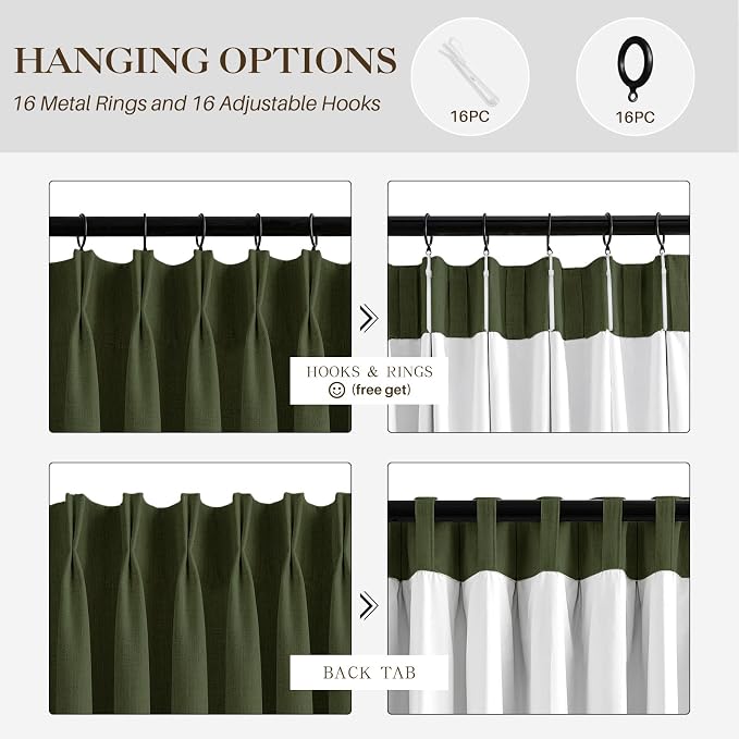 IVAPUPU Linen Pinch Pleated Full Blackout Curtains for Bedroom - 2 Pages Black Out Green Curtains 63 Inch Long 2 Panel for Living Room Darkening Thermal Window Curtain Drapes with 16pc Hooks