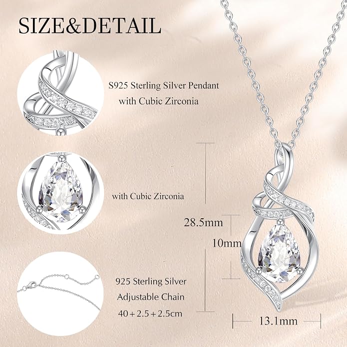 FANCIME Teardrop Birthstone Necklace for Women S925 Sterling Silver Elegant Ribbon Pendent Necklace Birthday Jewelry Gifts for Mom Wife Her, 16"+2" Inches