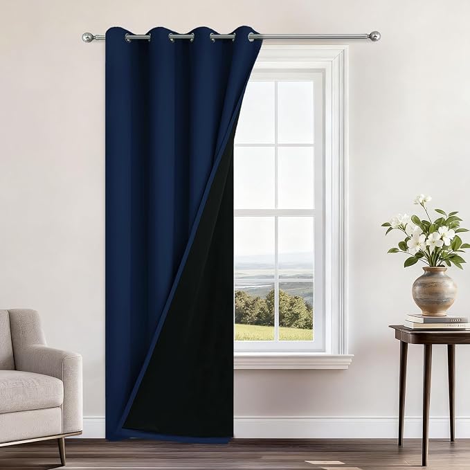Yakamok Navy Blue Blackout Curtains 96" Long for Bedroom 52" Wide 1 Panel | Blackout Curtain Panels for Bedroom, 2 Thick Layers Grommet Top Thermal Insulated Drapes with Black Liner for Living Room