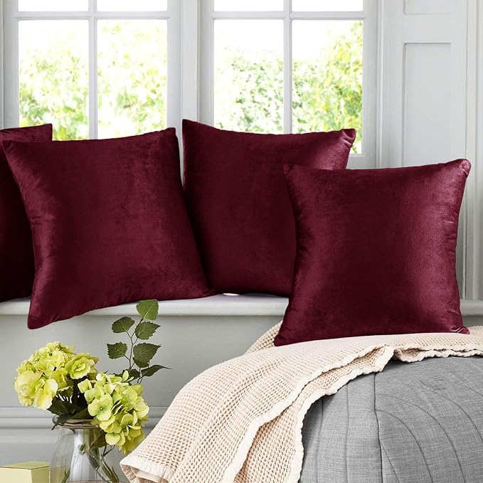 Nestl Throw Euro Pillow Covers, Cozy Velvet Decorative Pillow Covers 26x26 Inches, Soft Solid Couch Pillow Case for Sofa, Bed and Car, Set of 4 - Burgundy Red