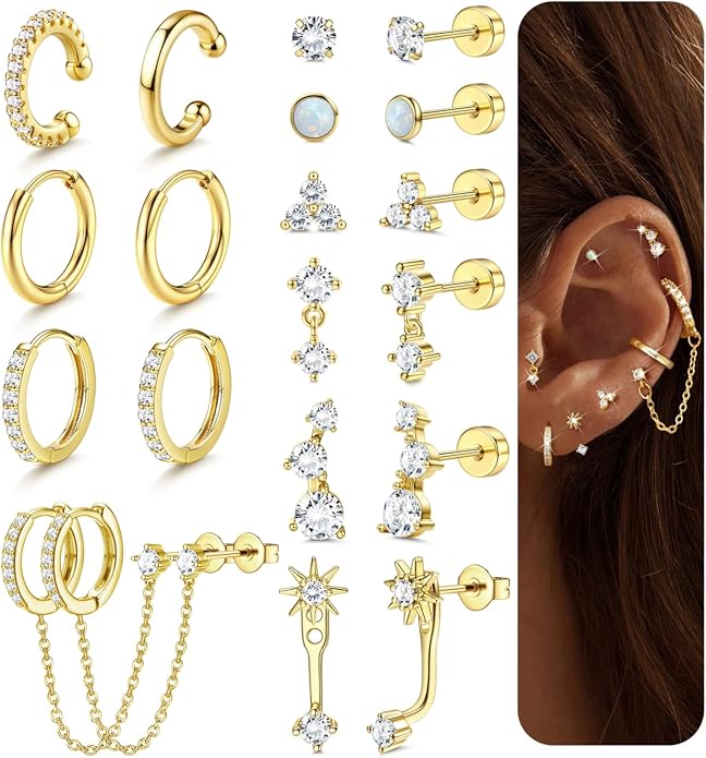 Florideco Small Stud Hoop Earrings for Women Hypoallergenic 14K Gold Plated Surgical Stainless Steel Flat Back Earrings Dainty Hoop Stud Earring Stacks Cartilage Earring Set for Multiple Piercing