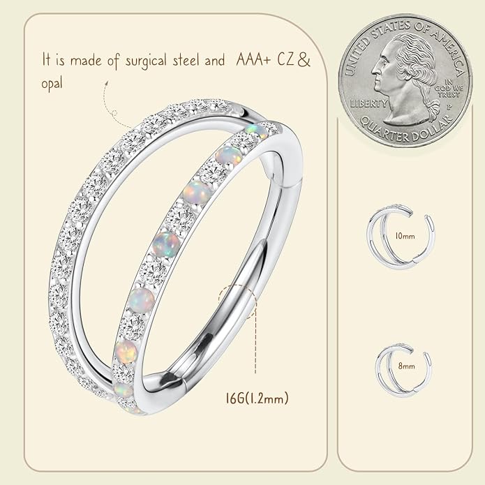 AROWRO Conch Piercing Jewelry Nose Rings Hoops Septum Rings Cartilage Earrings for Women Men Helix Piercing Jewelry Rook Tragus Surgical Steel Gold Silver 16G 18G 20G With Cubic Zirconia Opal