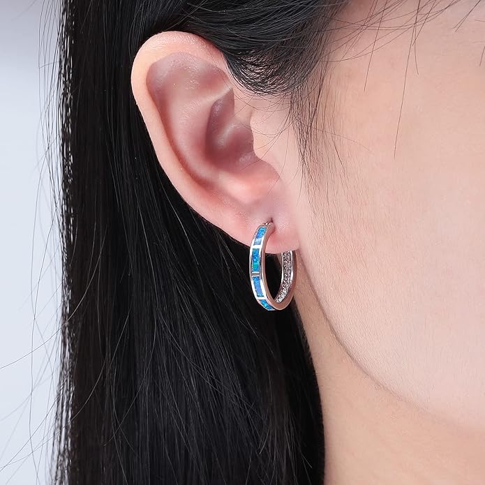 CiNily Sterling Silver/Rose Gold/Yellow Gold Plated Hoop Earrings 20mm,Multicolor Opal Small Hoop Earrings for Women Girls Hypoallergenic Jewelry for Sensitive Ears Gemstone Earrings