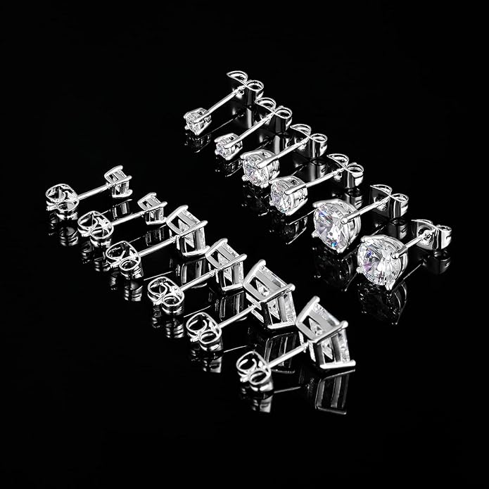 MDFUN 6 Pairs Stud Earrings Set 3mm/5mm/7mm Princess & Round Cubic Zirconia Earrings Hypoallergenic 316L Surgical Stainless Steel CZ Earrings for Women Men
