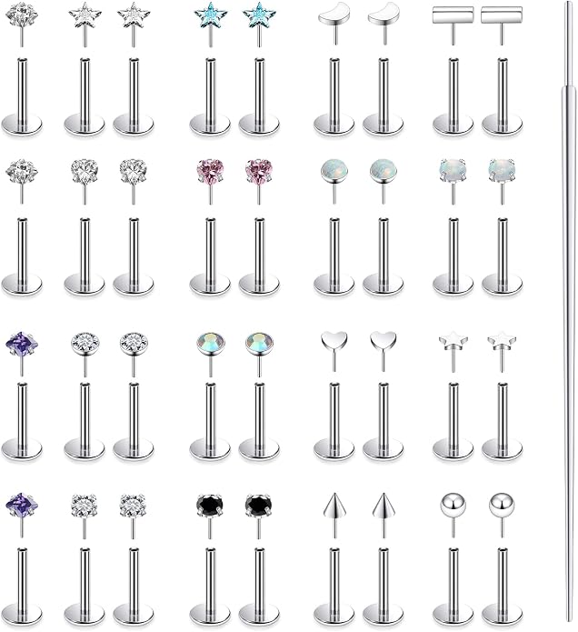 20G 18G 16G 14K Gold Filled Threadless Flat Back Earrings Studs Surgical Stainless Steel Opal CZ Nose Rings Studs Tragus Helix Conch Cartilage Earrings Piercing Jewelry For Women Men Silver