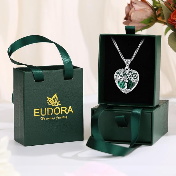EUDORA Tree of Life Necklace with Moonstone Amethyst Obsidian Turquoise Healing Crystal for Women, Silver Plated Copper Mother Tree of Life Pendant Amulet Energy Jewelry, Gift for Women Mom, 20"+2"
