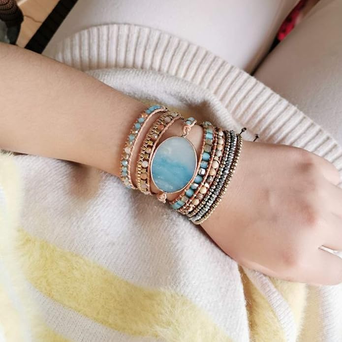 Plumiss Women Boho Handmade Natural Stone Crystal Leather Bead Wrap Bracelets Collection
