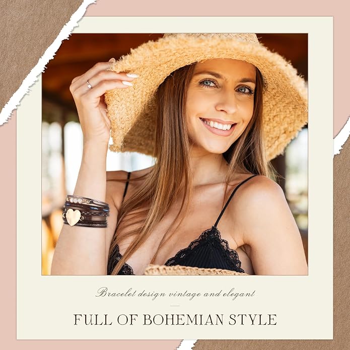Yinkin 6 Pcs Boho PU Leather Wrap Bracelets for Women Stack Multi Layer Bohemian Cuff Bracelets trendy Jewelry Gifts