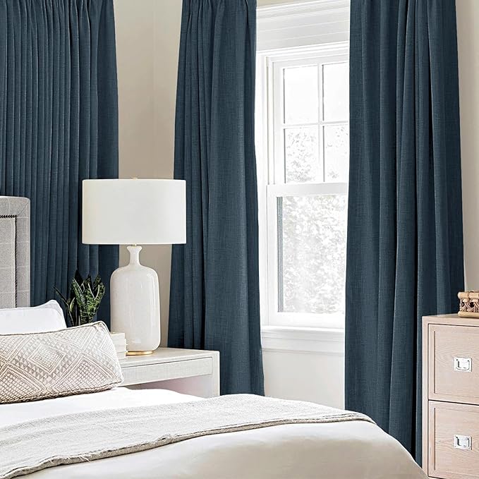MIULEE 100% Blackout Linen Textured Curtains for Bedroom Solid Thermal Insulated Navy Grommet Room Darkening Curtains & Drapes Luxury Decor for Living Room 52 x 72 Inch (2 Panels)