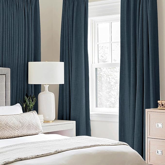 MIULEE 100% Blackout Linen Textured Curtains for Bedroom Solid Thermal Insulated Navy Grommet Room Darkening Curtains & Drapes Luxury Decor for Living Room 52 x 63 Inch (2 Panels)