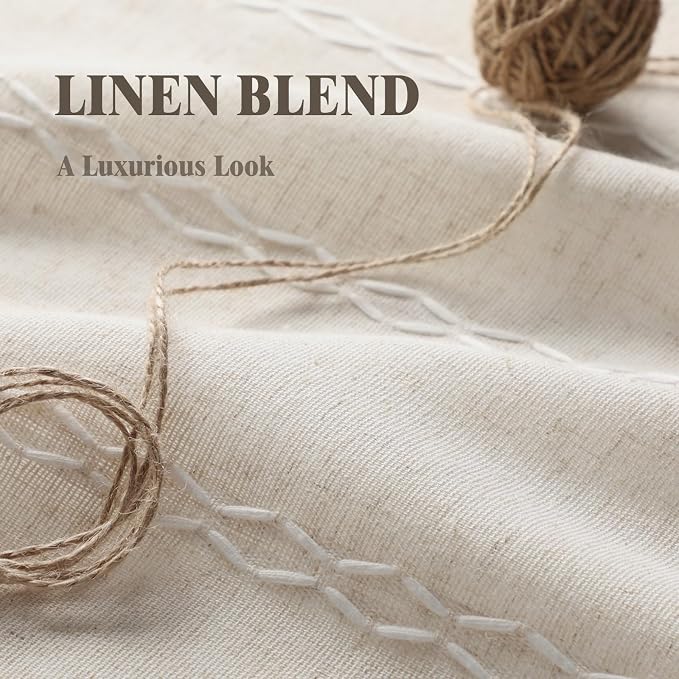 Boho 80% Blackout Curtains with Gray Liner 90 Inches Long 2 Panels Set, Beige Linen Blend Drapes with Tassels and Cotton Embroidered for Living Room Bedroom
