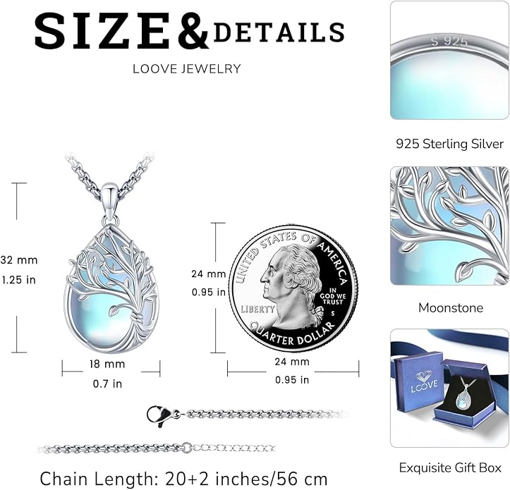 Jewelry Gifts - Tree of Life Necklace Sterling Silver Abalone Shell/Opal/Moonstone/Black Onyx/Turquoise/Malachite/Crystal Family Tree of Life Jewelry for Women Men