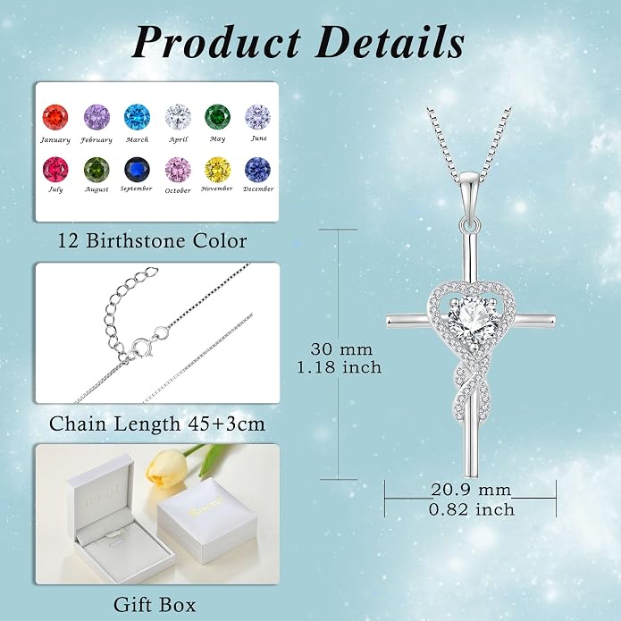 Cross Necklace for Women 925 Sterling Silver Infinity Birthstone Pendant Necklace Religious Christian Jewelry Gifts Wife Mom Her