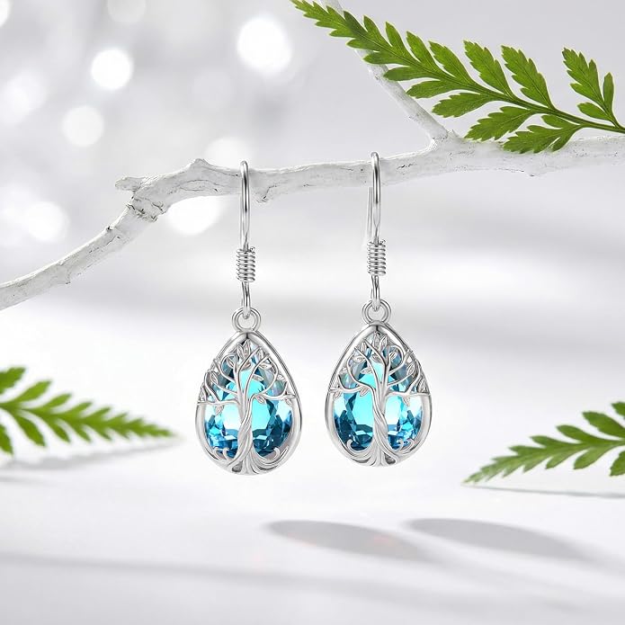 Eusense Sterling Silver Dangle Earrings for Women Tree of Life Animals Moonstone Turquoise Leverback Earrings Jewelry Gifts