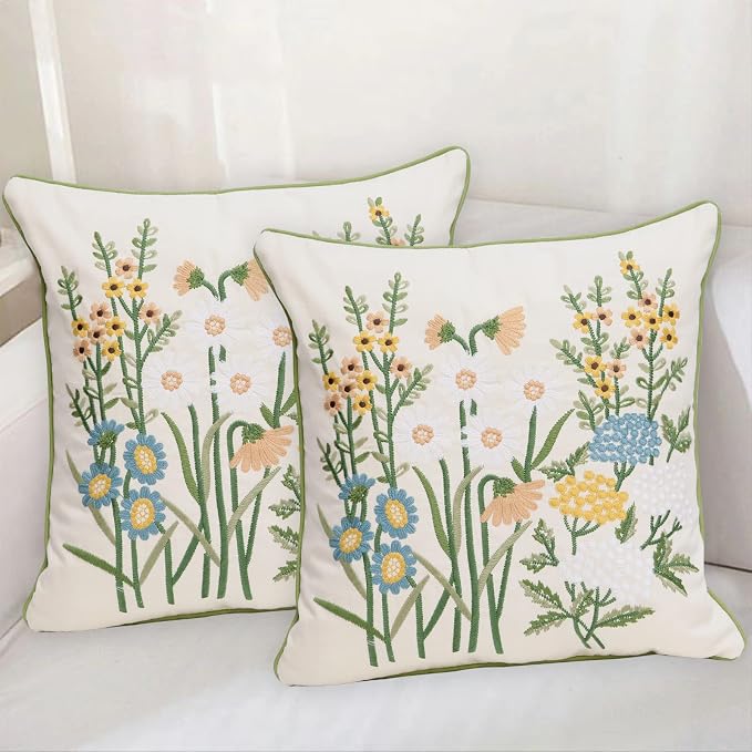 Set of 2 Embroidered Decorative Throw Pillow Covers Couch Square Pillowcases Cushion for Bedroom Sofa Farmhouse Decor 18x18 Inch (Yellow Daisy)