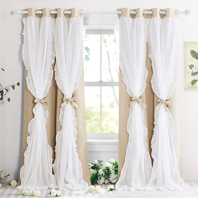 PONY DANCE Ruffle Curtains Double Layers Sheer Overlay Elegant Decoration for French Country Rustic Design Window Covering with Tiebacks, 52" Wide x 95" Long, Biscotti Beige, 2 Panels