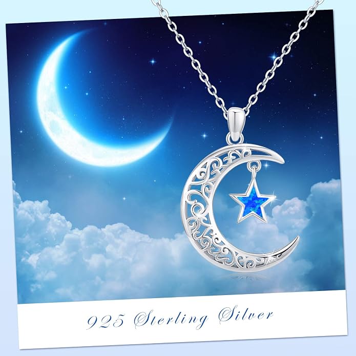 TRISHULA Moon Star Necklace, 925 Sterling Silver Crescent Moon Sun Pendant with Moonstone Crescent Jewelry Gift for Her Sister Birthday Christmas
