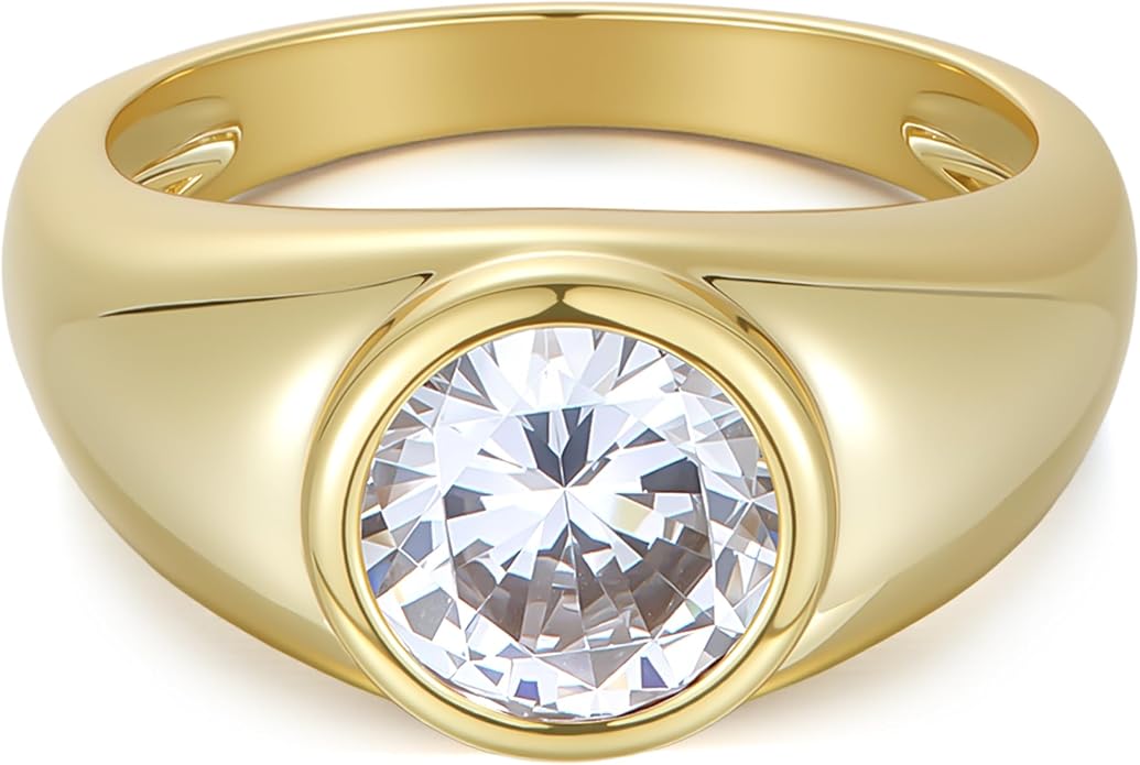 Women's Wide Band Round-Cut 2 Carat CZ Ring | Large Gold Chunky Bezel Halo Statement Ring
