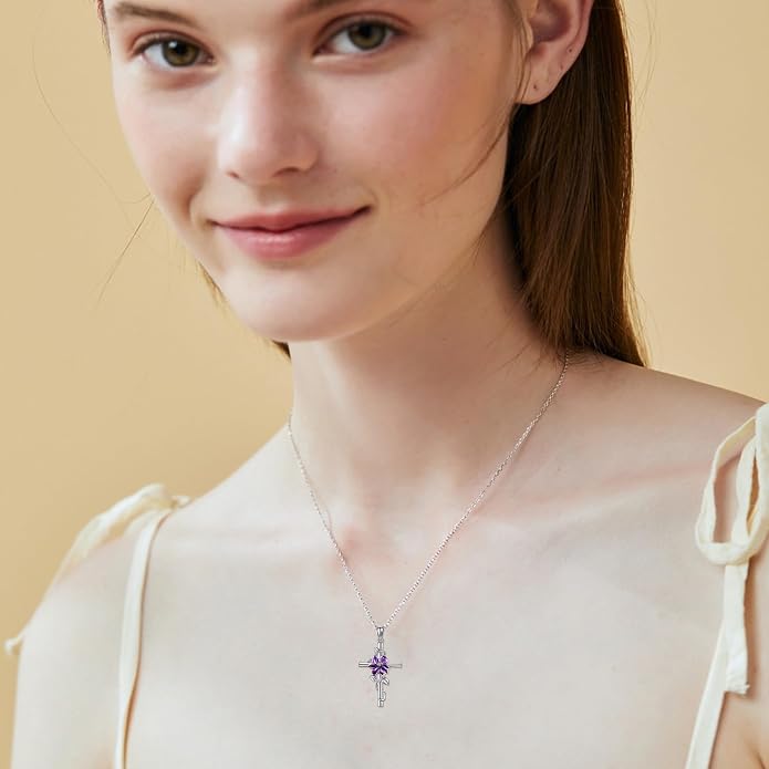 Flower Cross Necklace 925 Sterling Silver Carnation/Rose/Lily/Daisy Cross Necklace Birth Flower Jewelry for Women