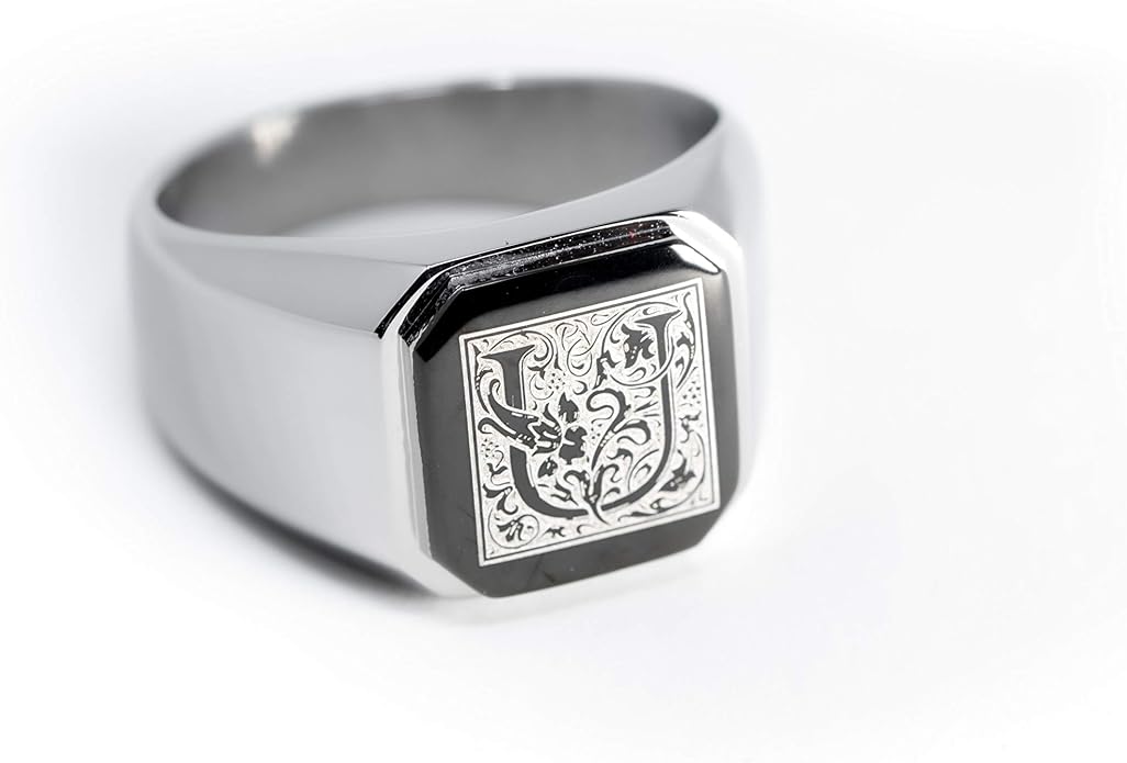 Jewelry | Stainless Steel Letter Alphabet Initial Ring | Square Flat Top Ring for Men & Women | Stainless Steel Jewelry, (Black, Gold, Silver), Size 7-16
