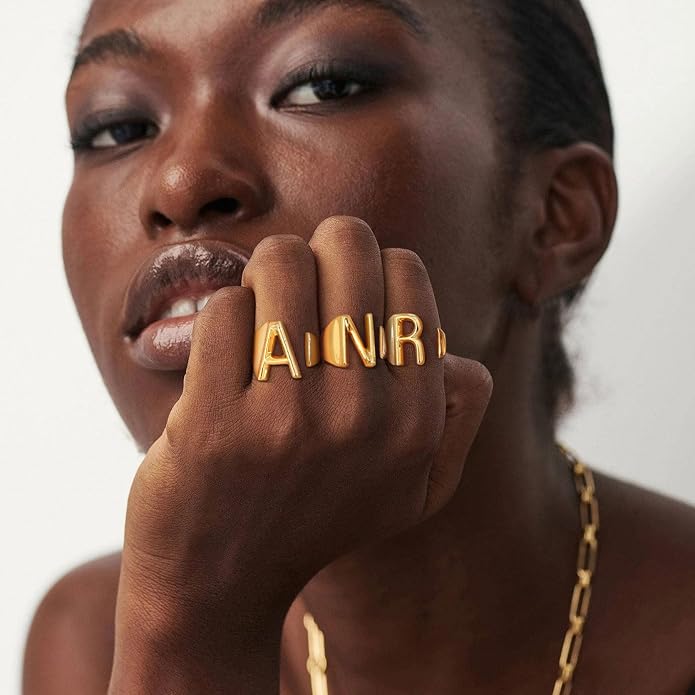 KeyStyle Bold Initial Letter Rings Adjustable, GoldChic Jewelry Women Gold Statement Ring Personalized Engraved Women’s Open Signet Ring for Party (Gold, White Gold, Black)