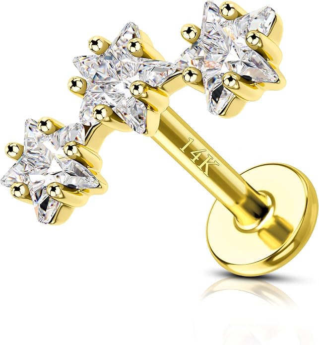 COCHARM 14K Real Gold Star Helix Cartilage Conch Earring Stud 16g Flat Back Solid Gold Helix Conch Piercing Jewelry 16g 6mm 8mm 14Kt Cartilage Stud Jewelry Internally Threaded