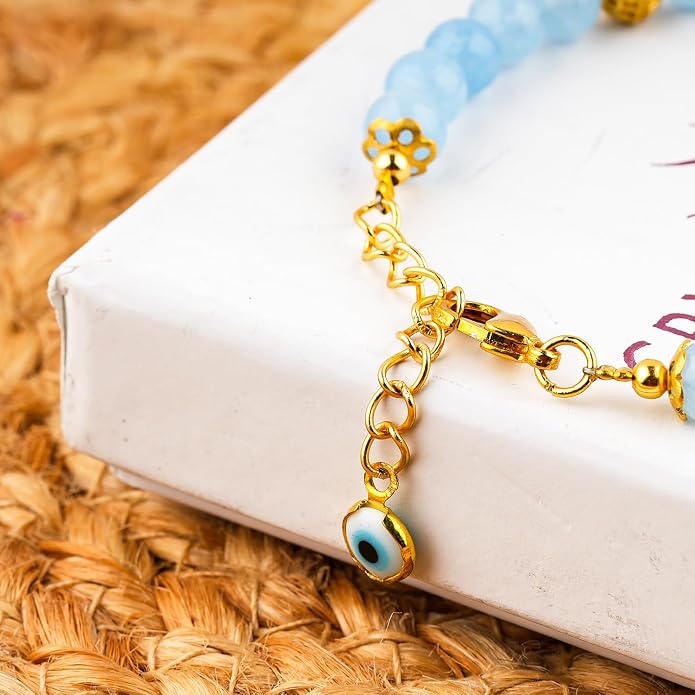 AAA Grade Natural Gemstone Beaded Bracelet, 14K Gold Plated with Evil Charm, Wicca & Reiki Healing Crystals, Handmade Bohemian Jewelry, Christmas Gift for Women (7+1inch)