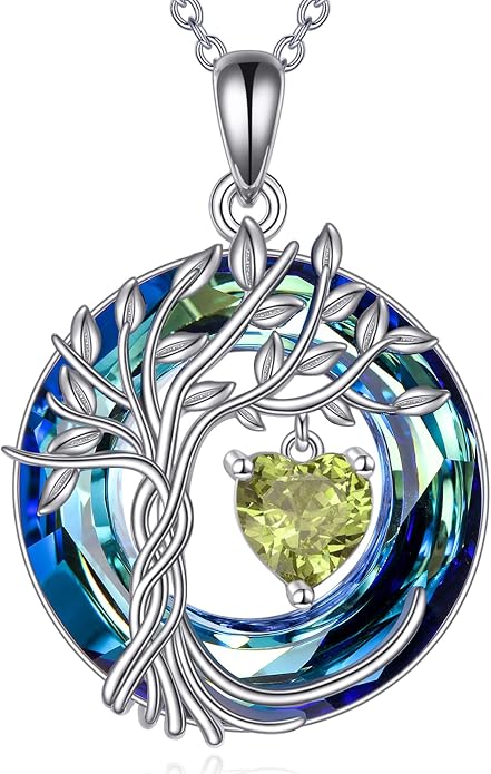 POPLYKE Mothers Day Gifts for Mom Her Wife Tree of Life Necklace 925 Sterling Silver Birthstone Pendant with Crystal Anniversary Birthday Wedding Jewelry for Women